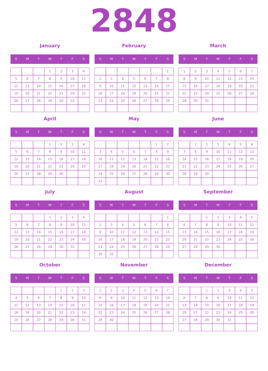 Printable 2848 Year Calendars purple