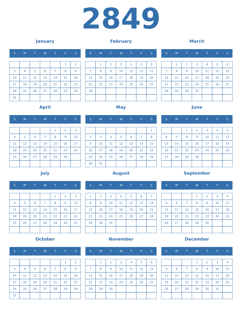 Printable 2849 Year Calendars blue