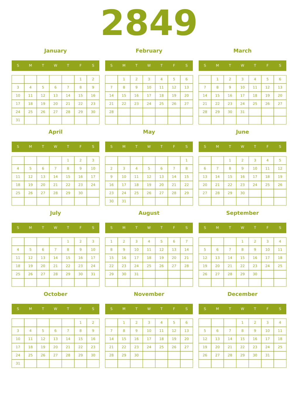 Printable 2849 Year Calendars chartreuse