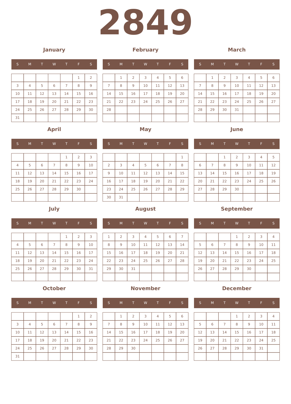 Printable 2849 Year Calendars coffe