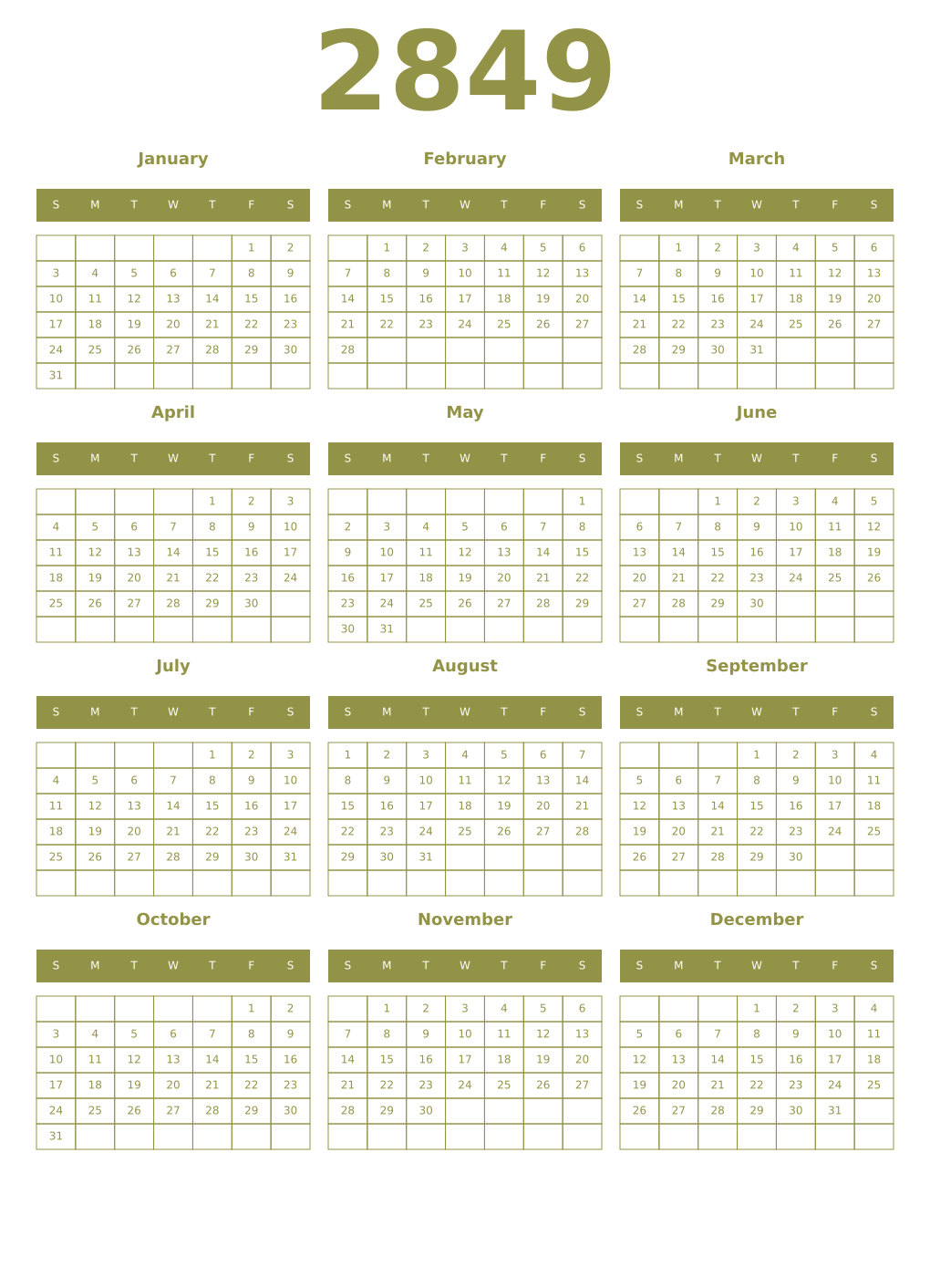 Printable 2849 Year Calendars eburnean