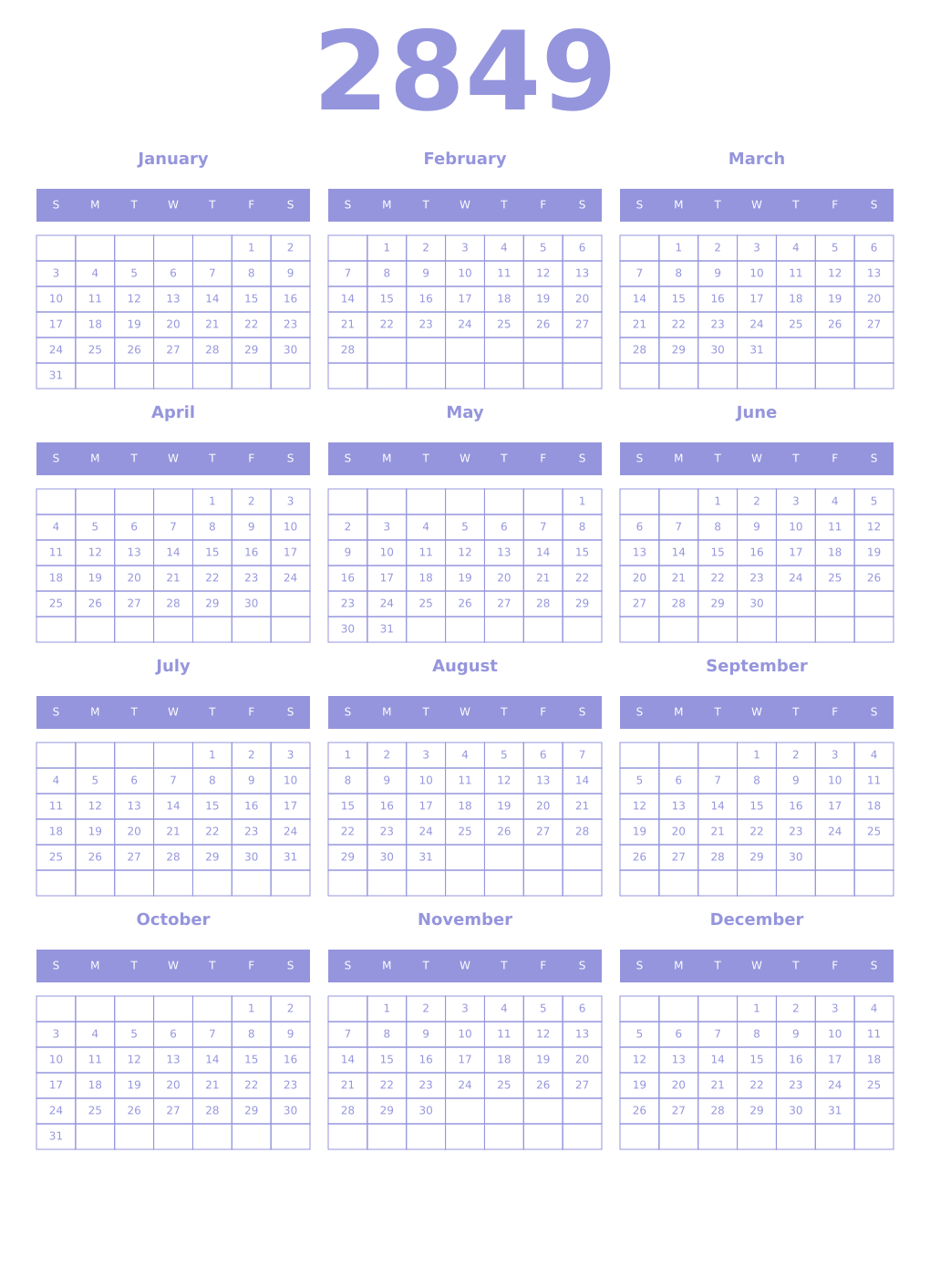 Printable 2849 Year Calendars periwinkle