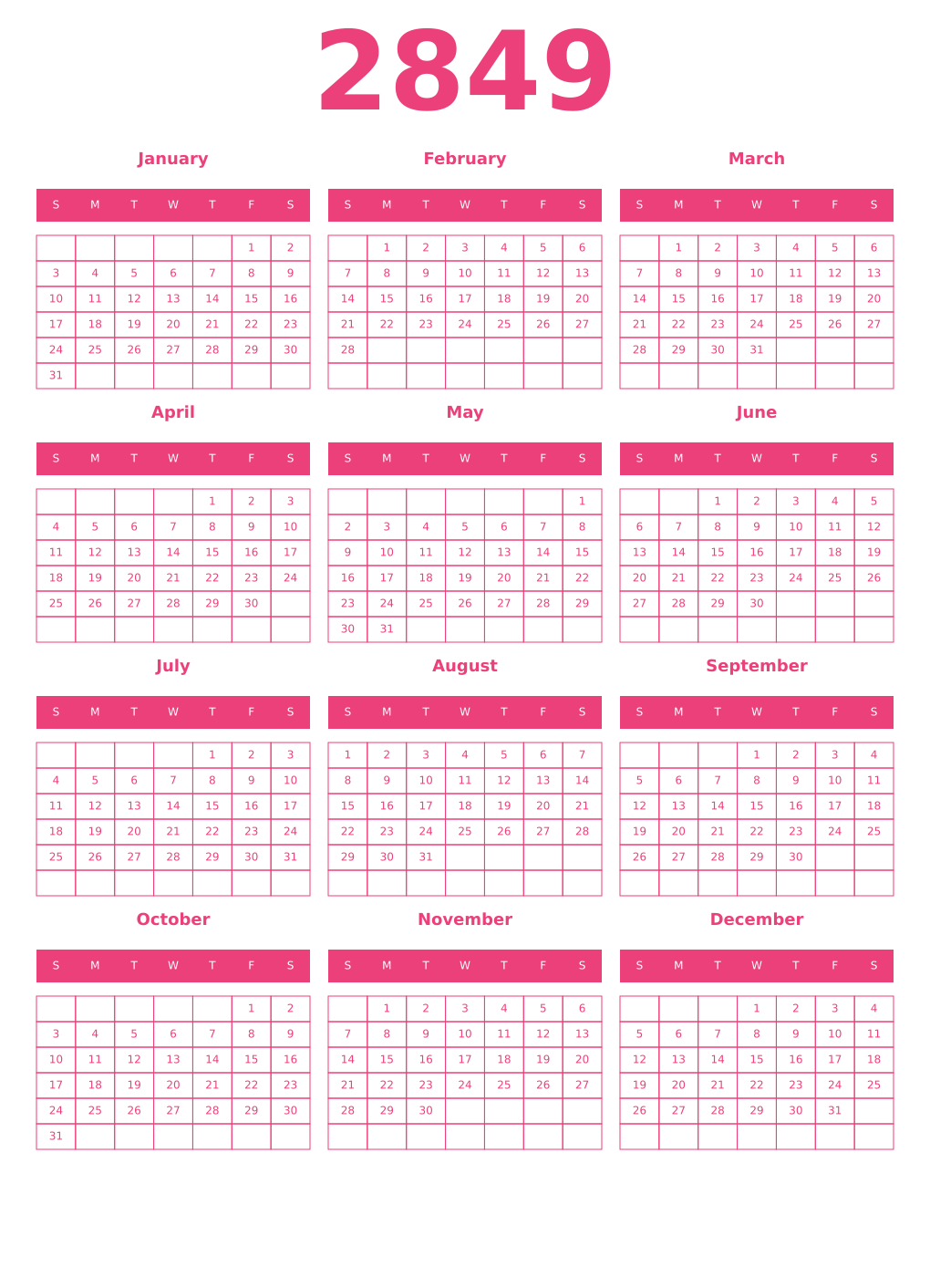Printable 2849 Year Calendars pink