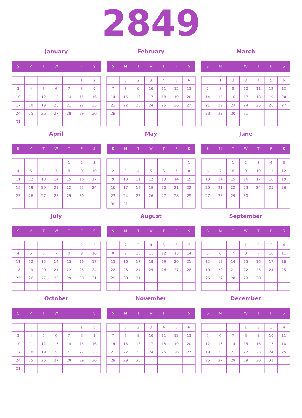 Printable 2849 Year Calendars purple