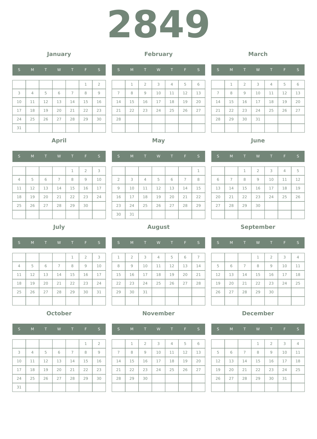 Printable 2849 Year Calendars xanadu