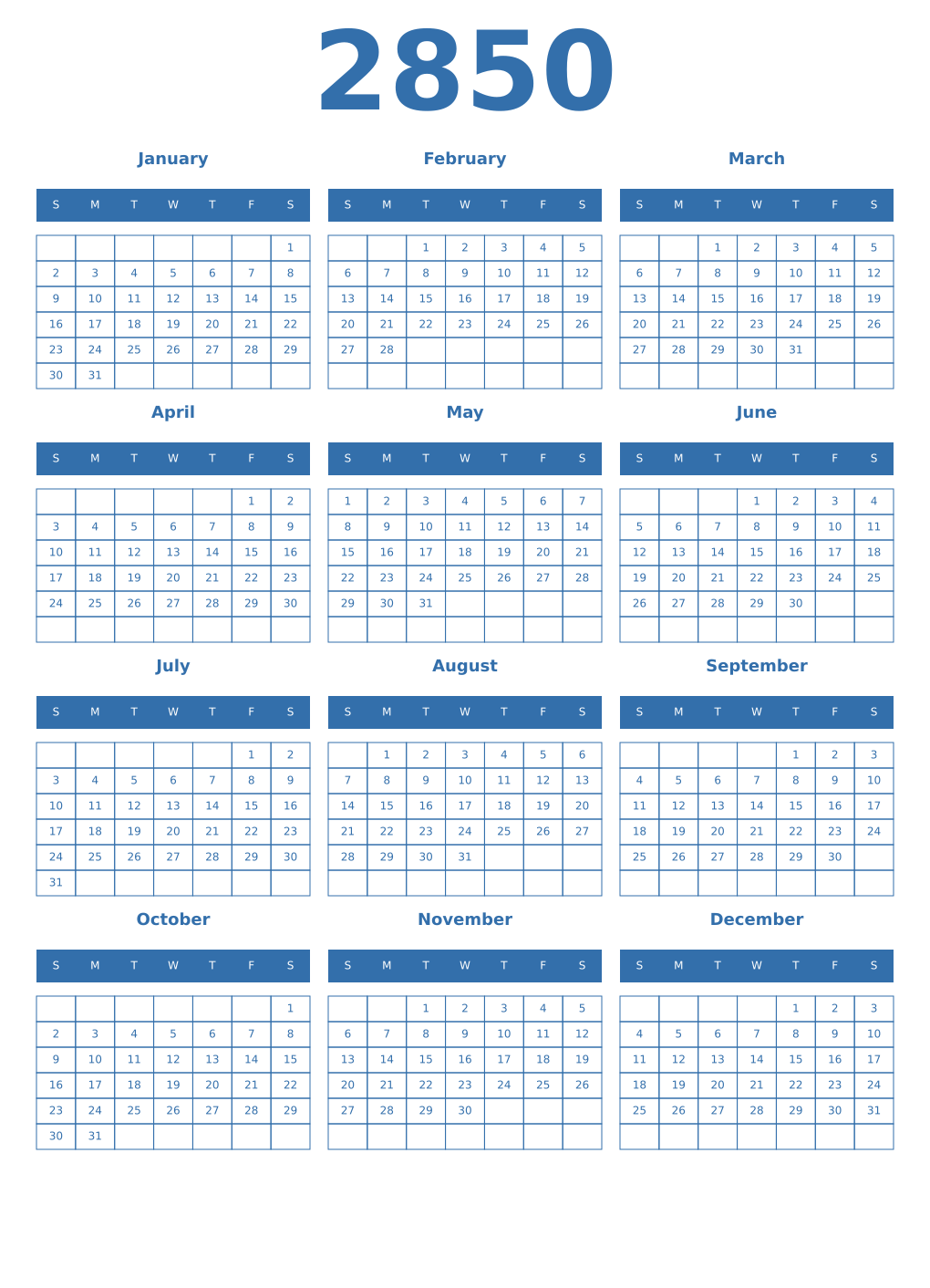 Printable 2850 Year Calendars blue