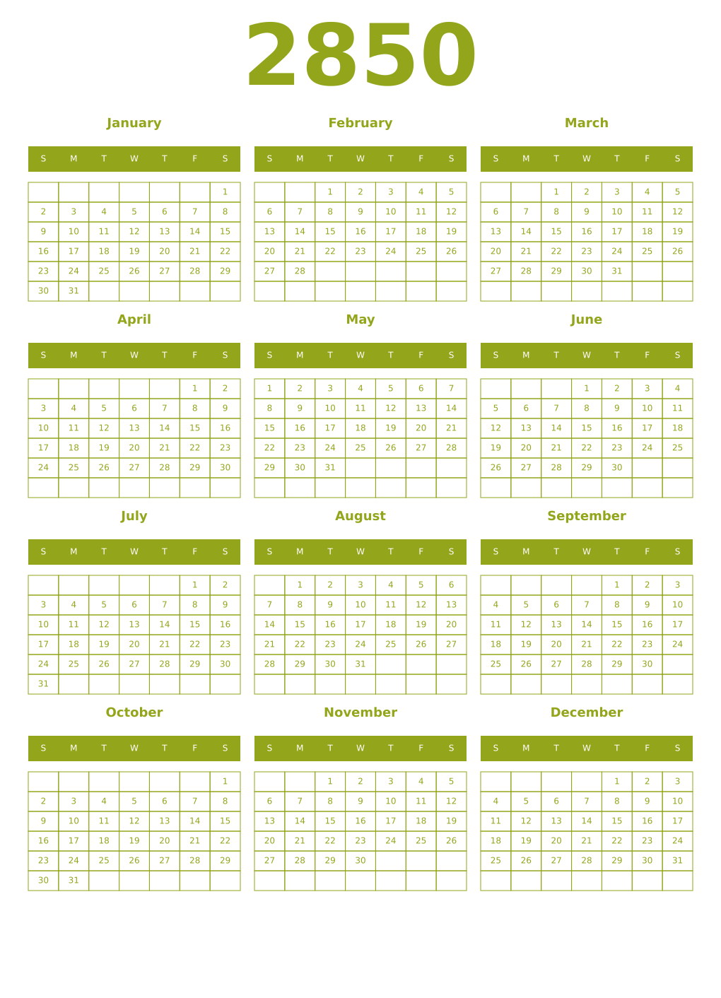 Printable 2850 Year Calendars chartreuse