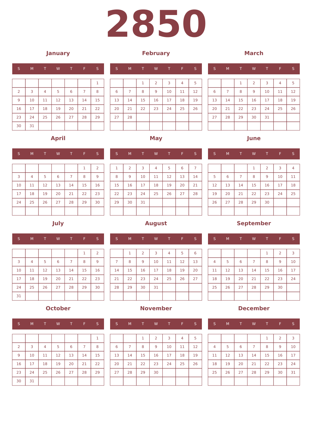 Printable 2850 Year Calendars cordovan