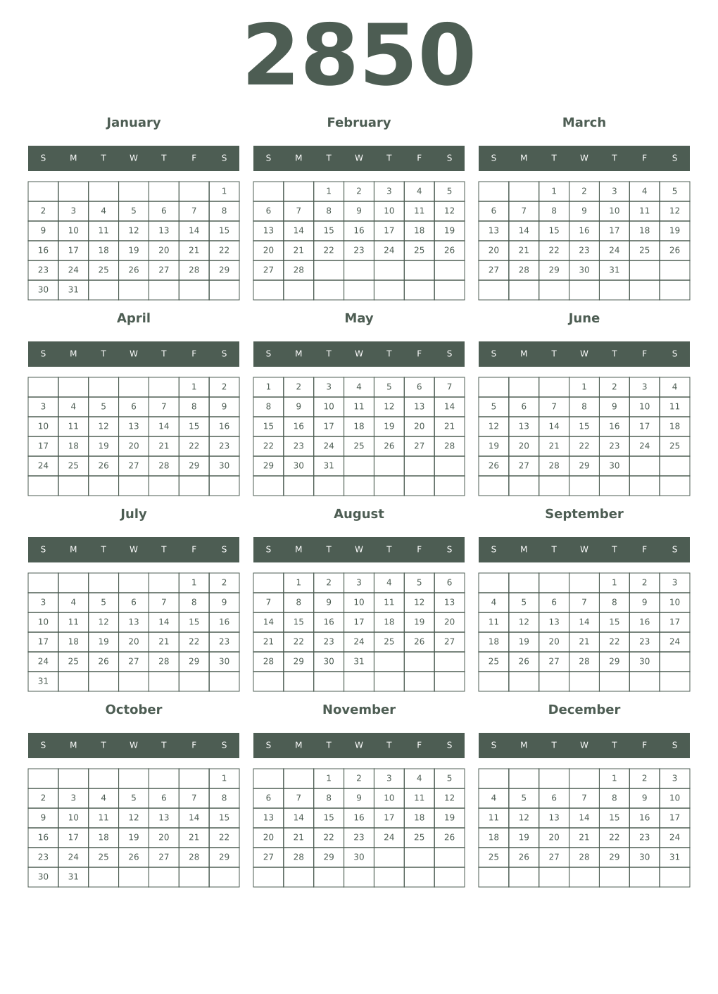 Printable 2850 Year Calendars feldgrau