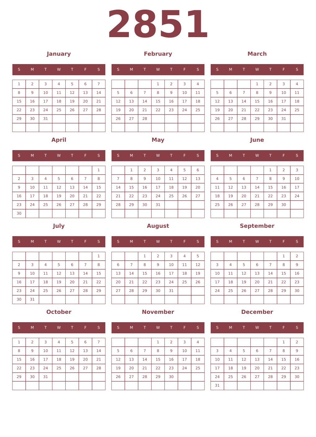 Printable 2851 Year Calendars cordovan