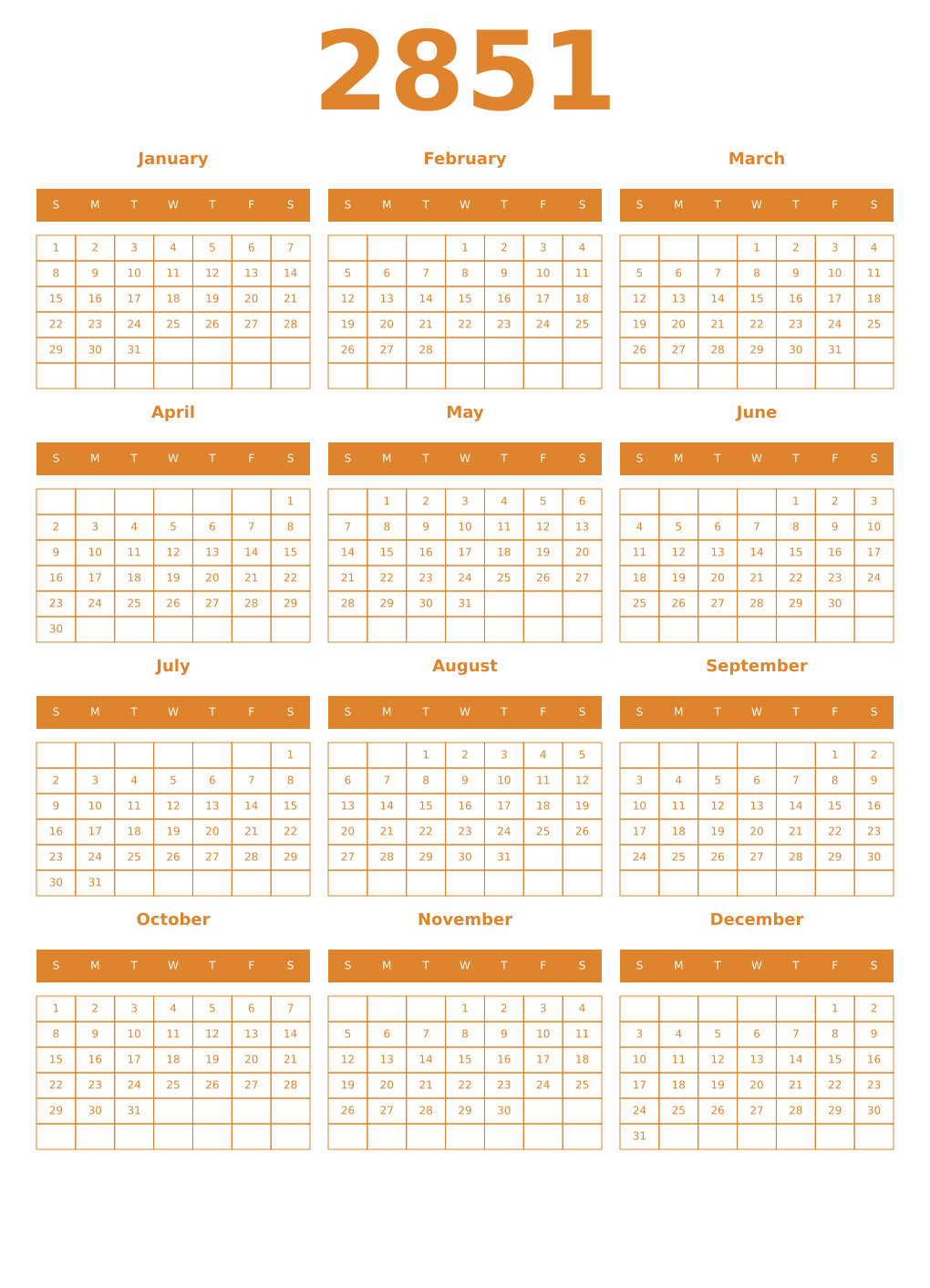 Printable 2851 Year Calendars orange