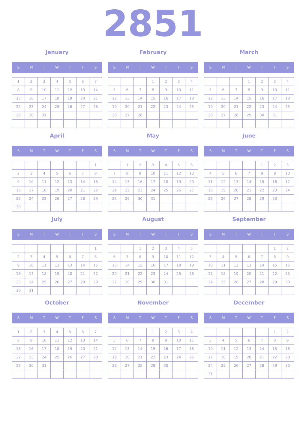 Printable 2851 Year Calendars periwinkle