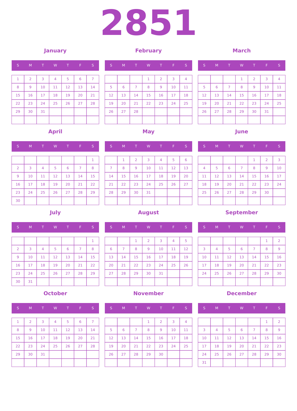 Printable 2851 Year Calendars purple