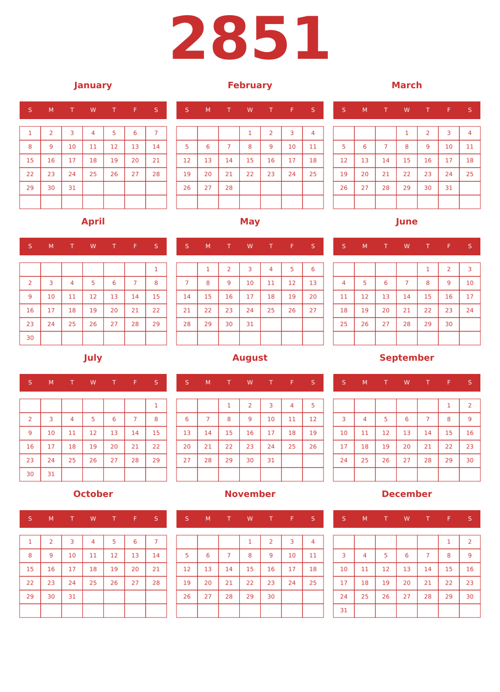 Printable 2851 Year Calendars red