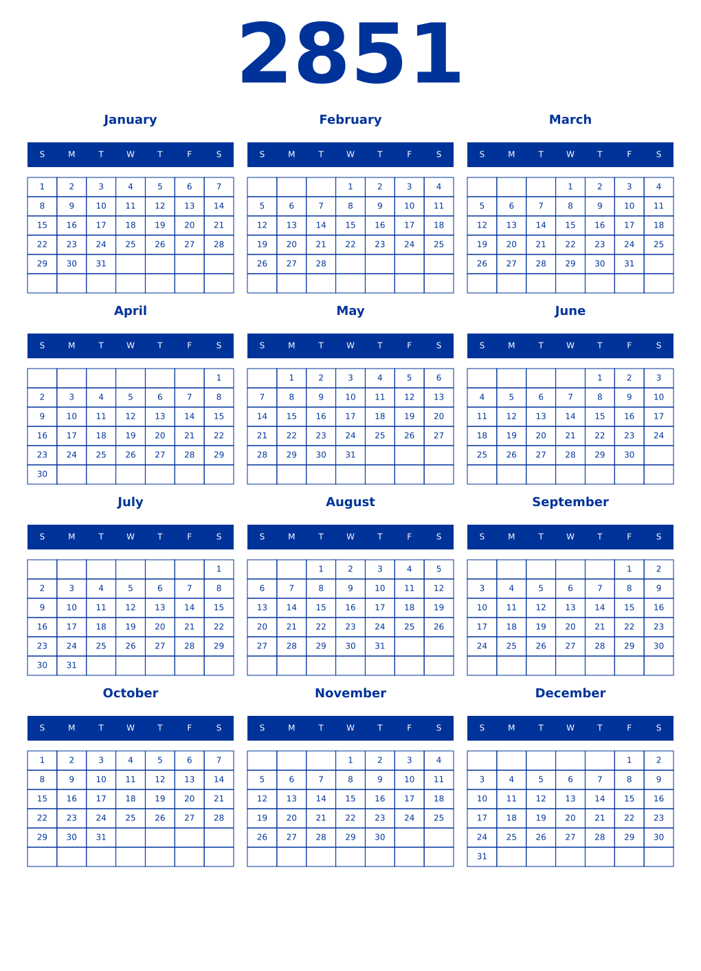 Printable 2851 Year Calendars smalt