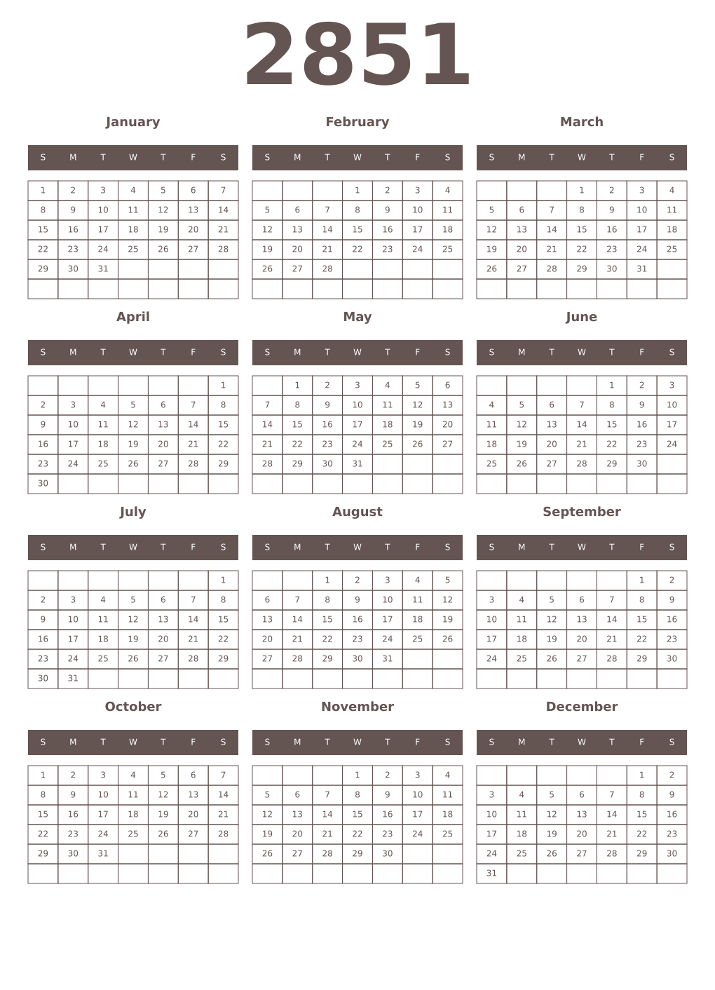 Printable 2851 Year Calendars wenge