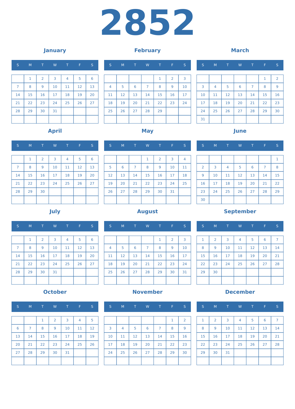 Printable 2852 Year Calendars blue