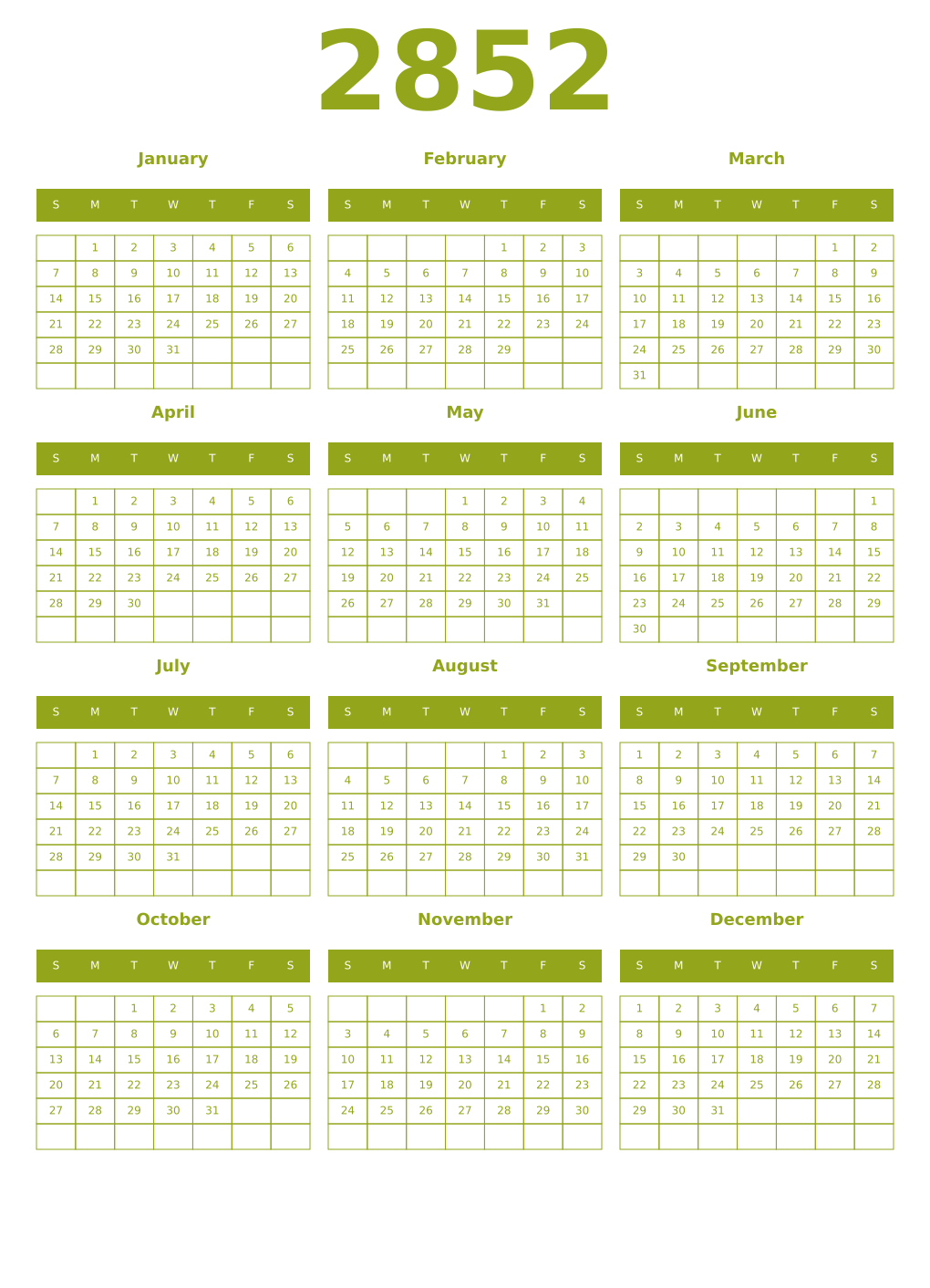 Printable 2852 Year Calendars chartreuse