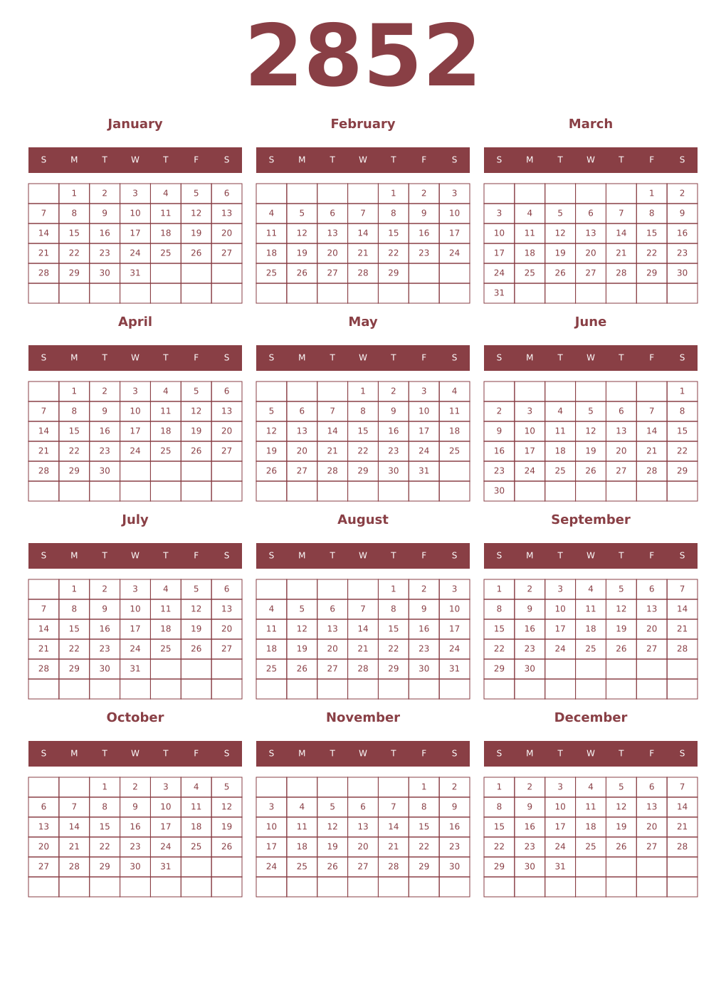 Printable 2852 Year Calendars cordovan