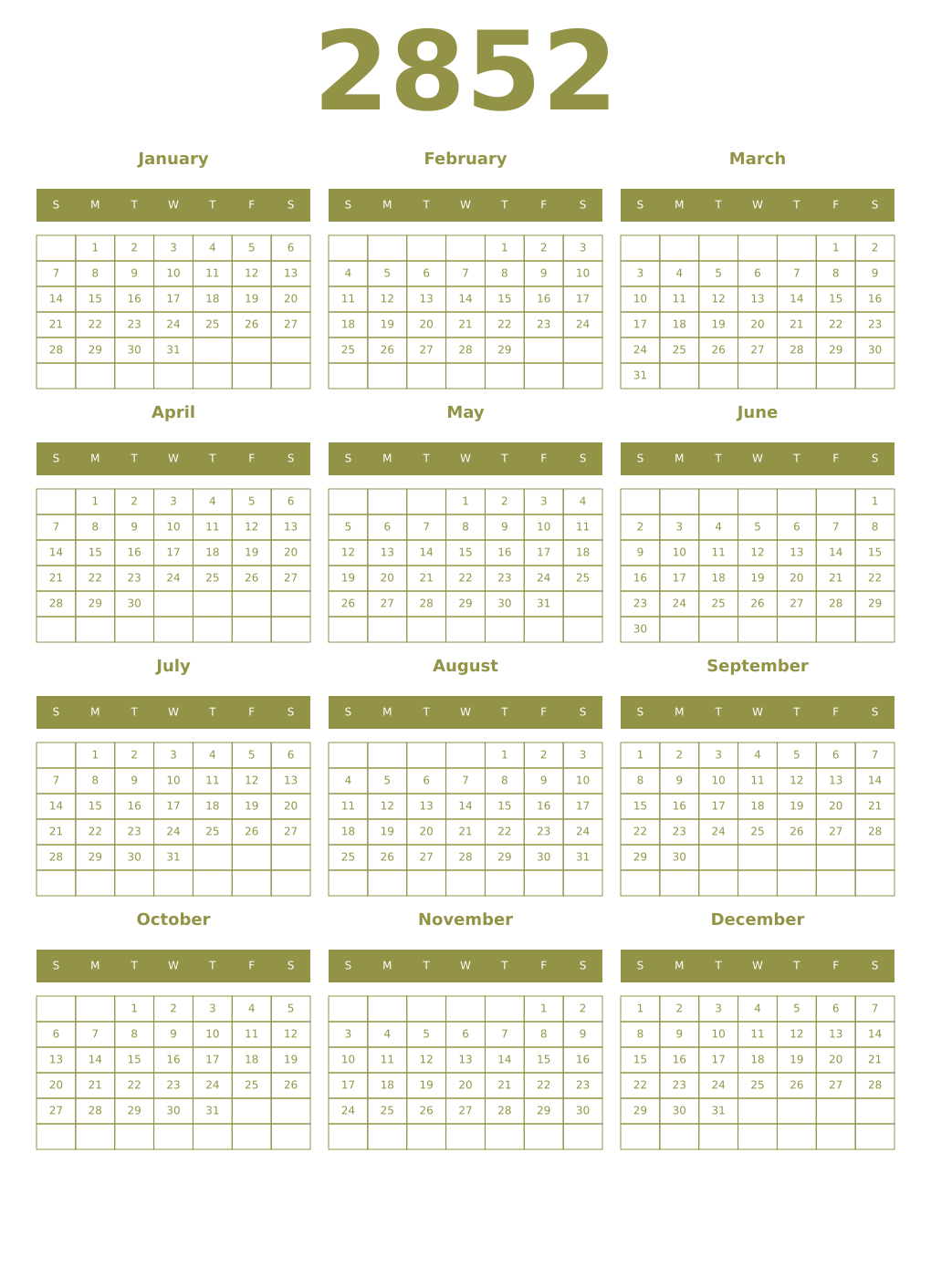 Printable 2852 Year Calendars eburnean