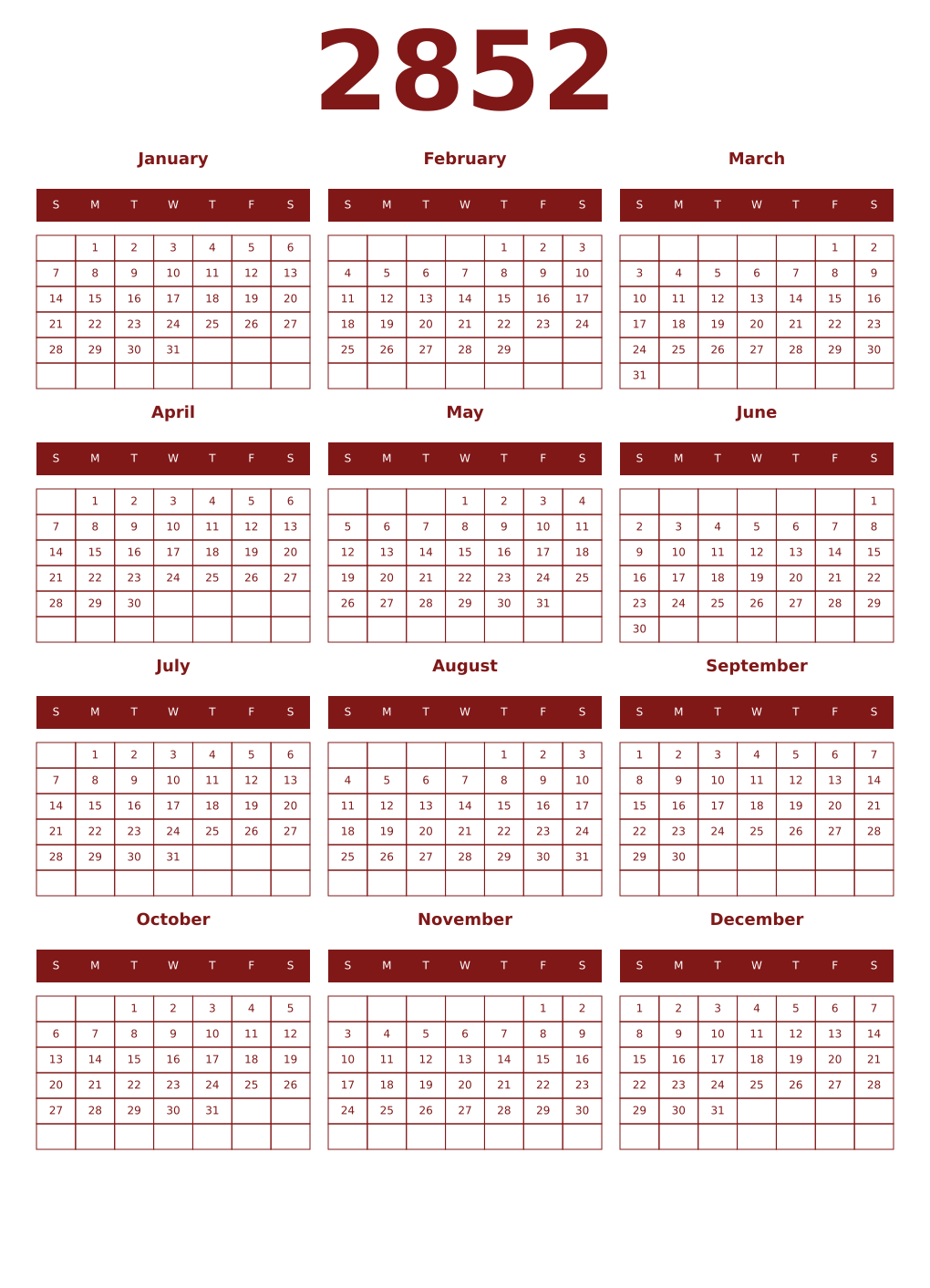 Printable 2852 Year Calendars falu