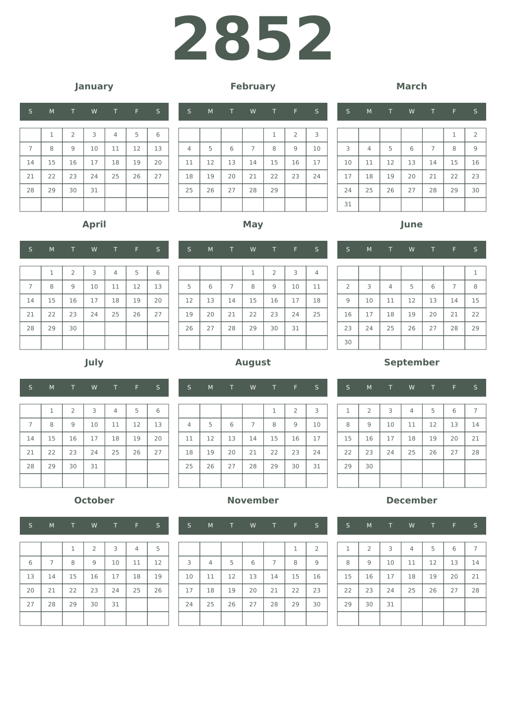 Printable 2852 Year Calendars feldgrau