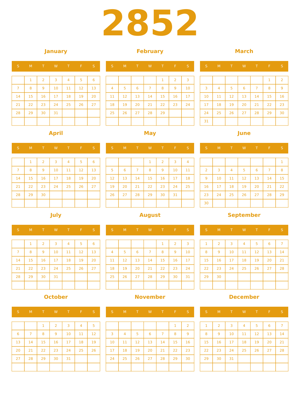 Printable 2852 Year Calendars gamboge
