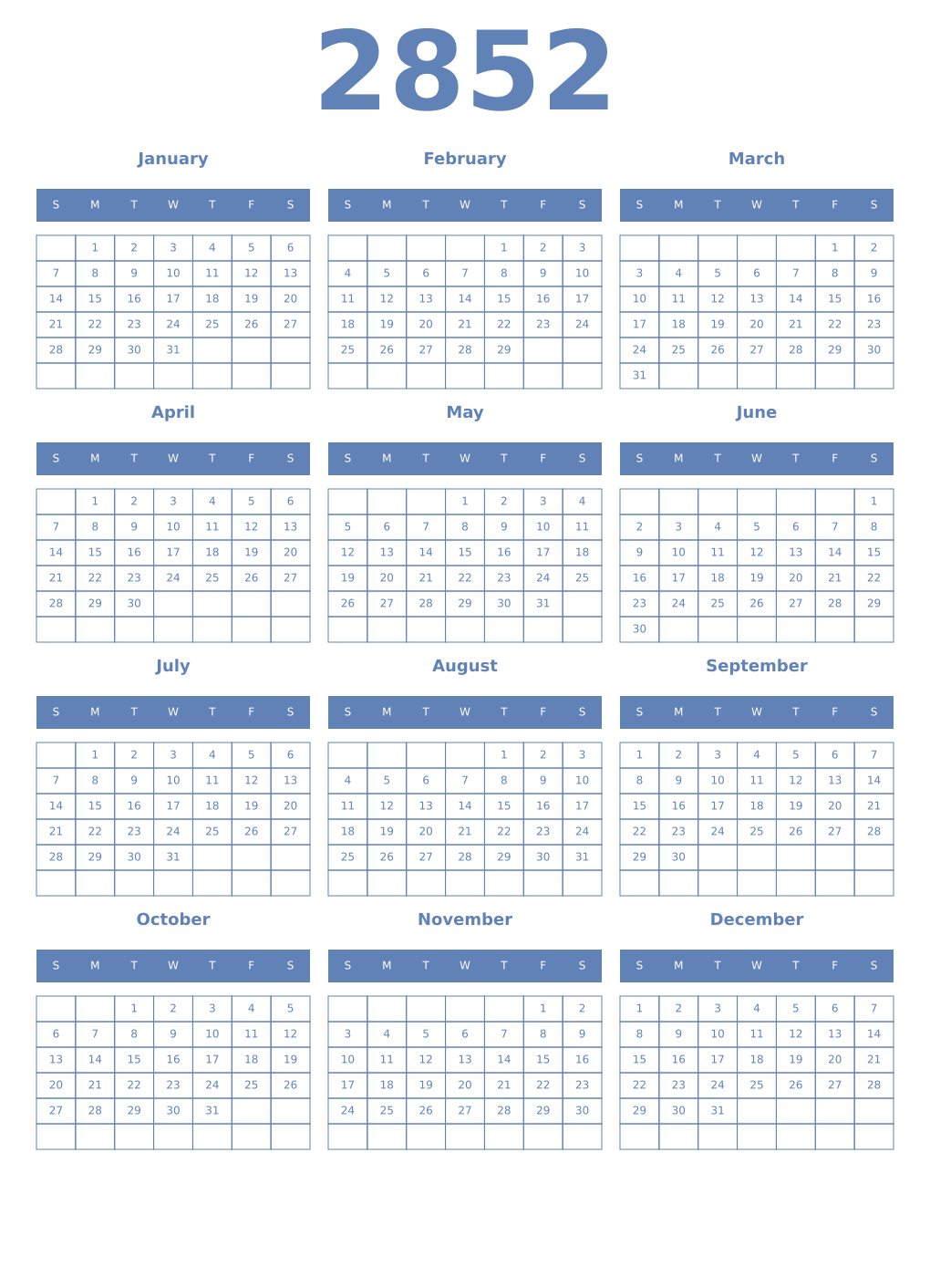 Printable 2852 Year Calendars glaucous