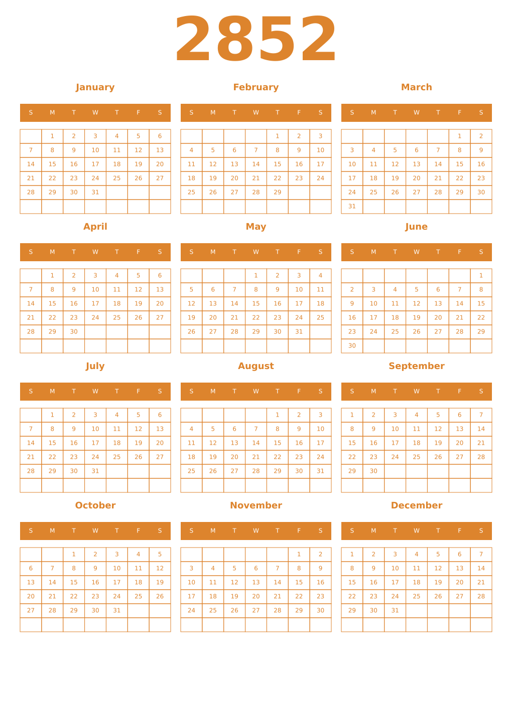 Printable 2852 Year Calendars orange