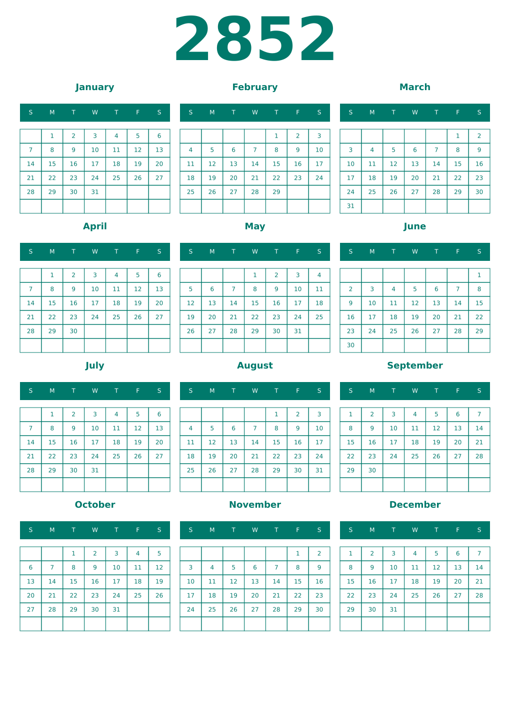 Printable 2852 Year Calendars pastel