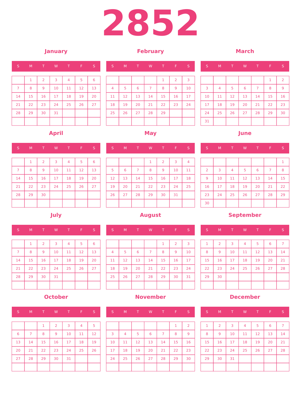 Printable 2852 Year Calendars pink