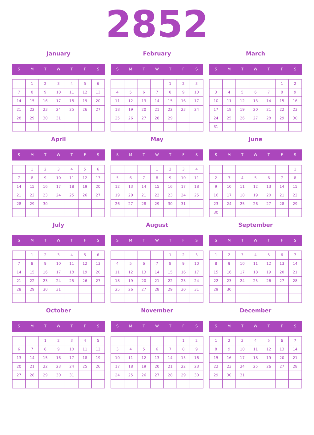 Printable 2852 Year Calendars purple