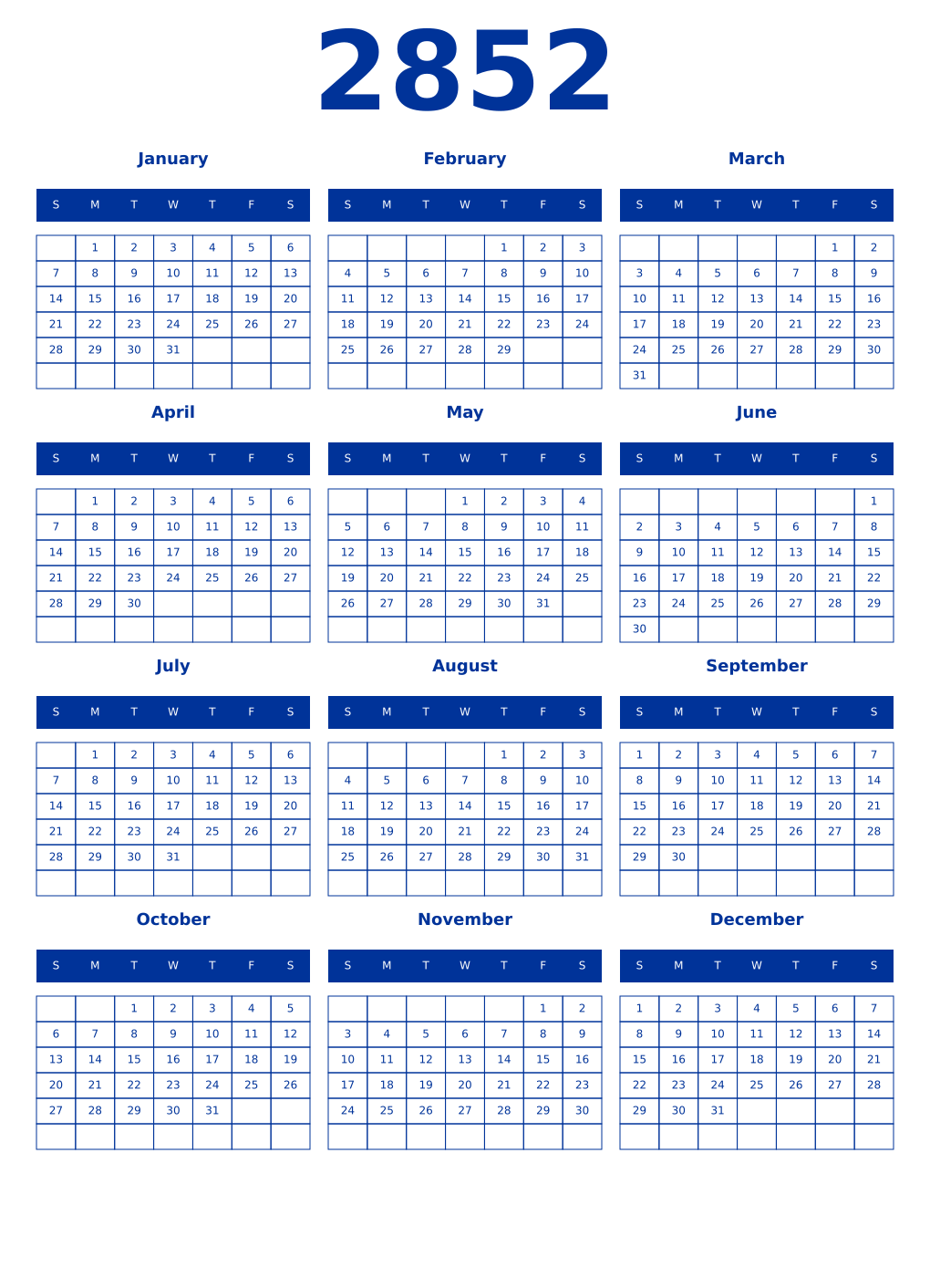 Printable 2852 Year Calendars smalt