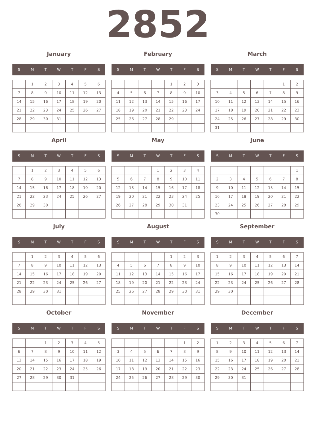 Printable 2852 Year Calendars wenge