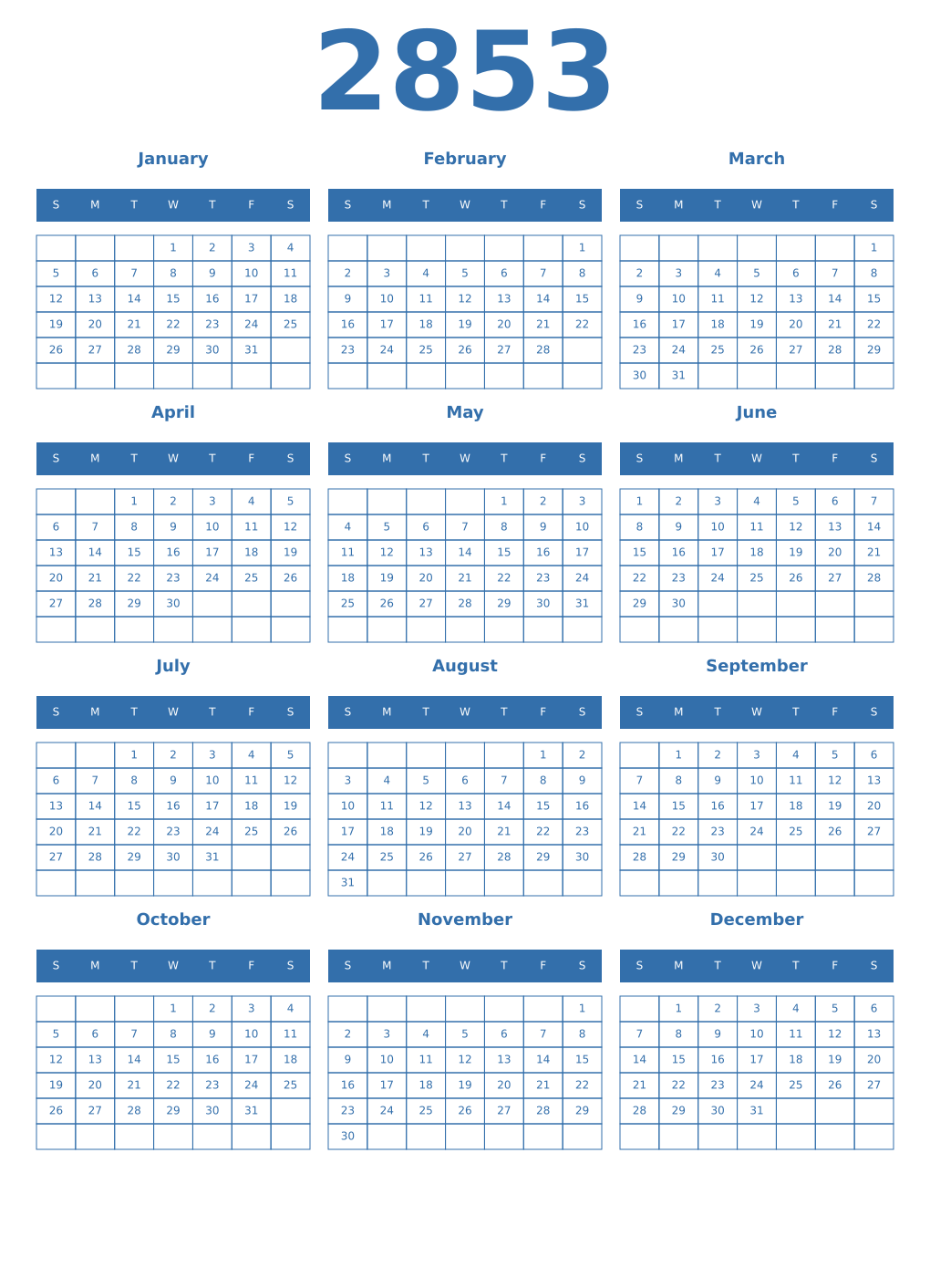 Printable 2853 Year Calendars blue