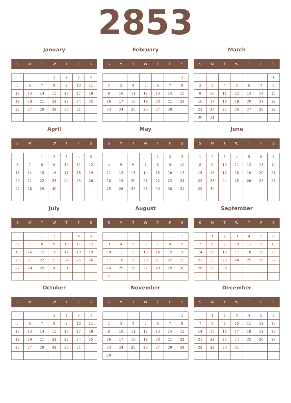 Printable 2853 Year Calendars coffe