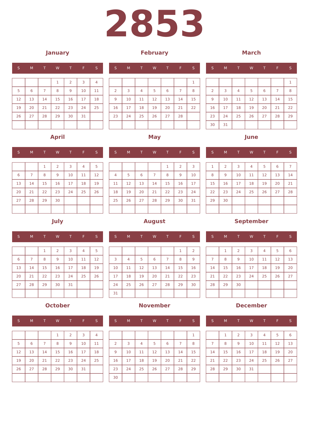 Printable 2853 Year Calendars cordovan