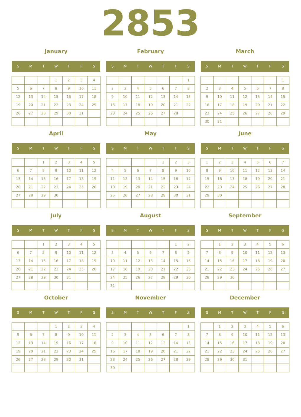 Printable 2853 Year Calendars eburnean