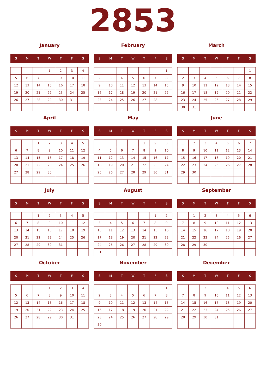 Printable 2853 Year Calendars falu