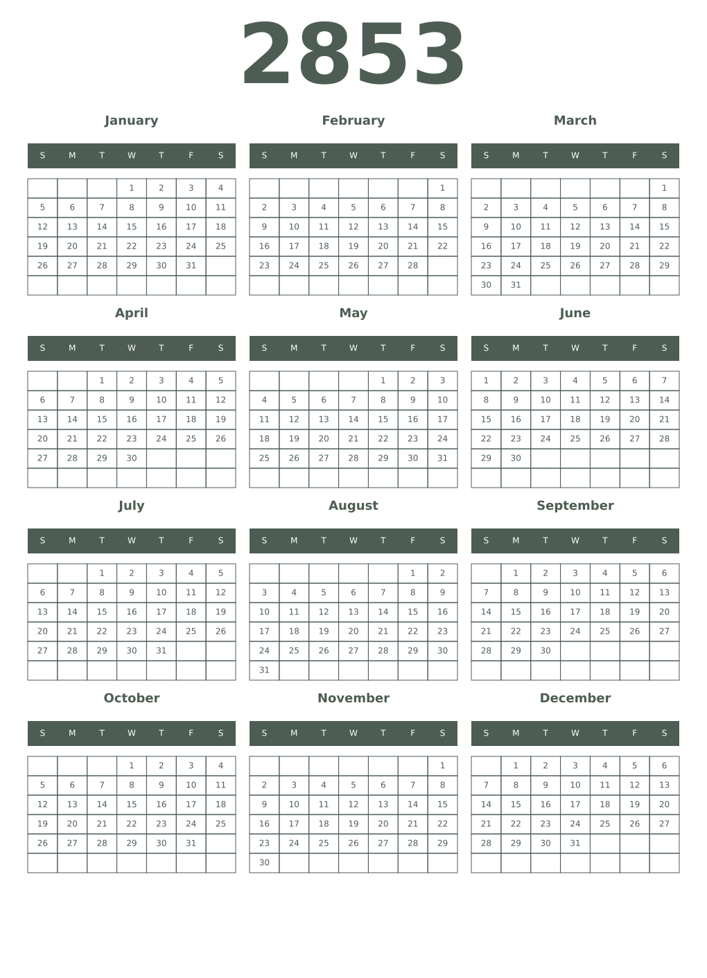 Printable 2853 Year Calendars feldgrau