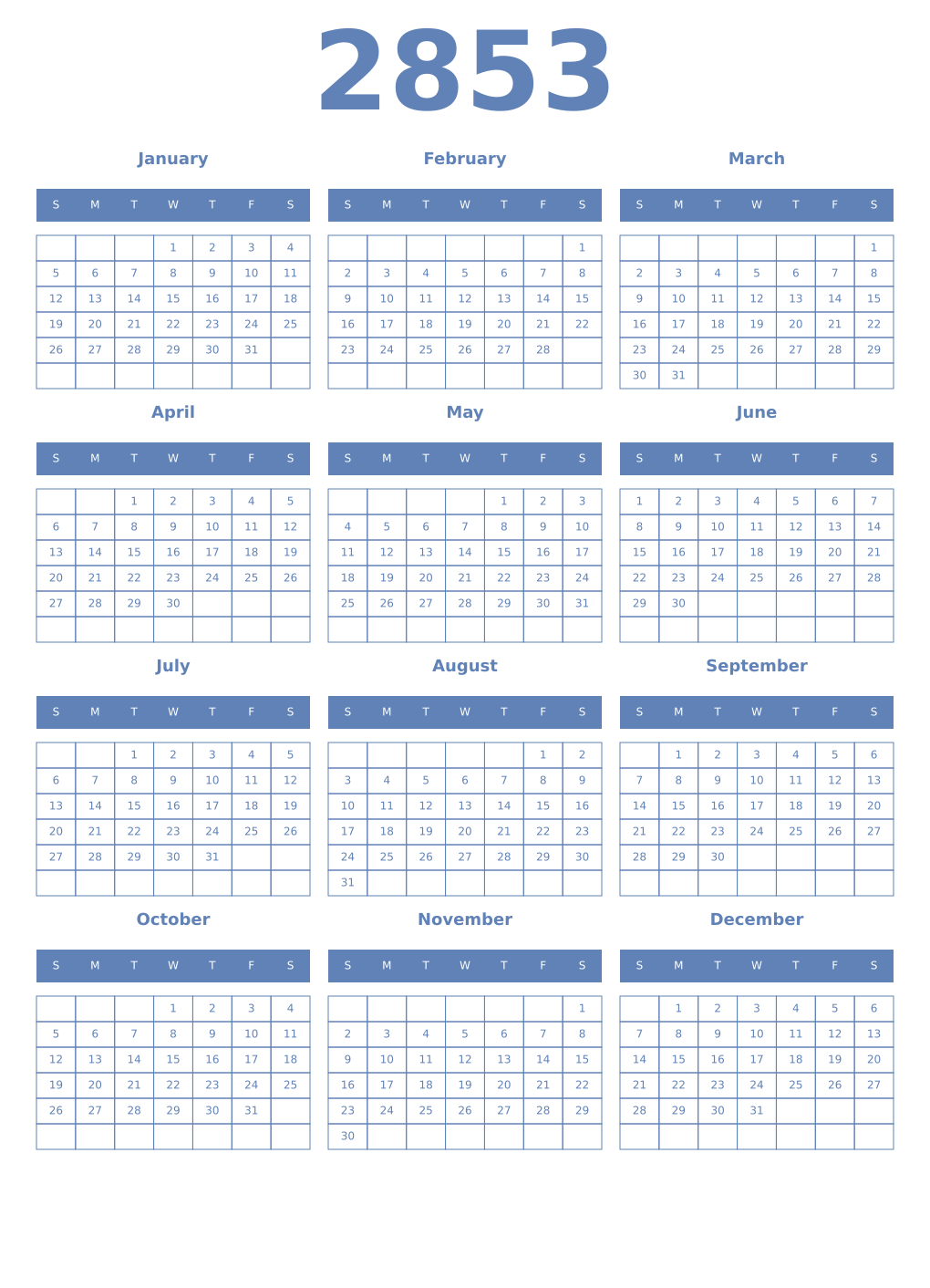 Printable 2853 Year Calendars glaucous