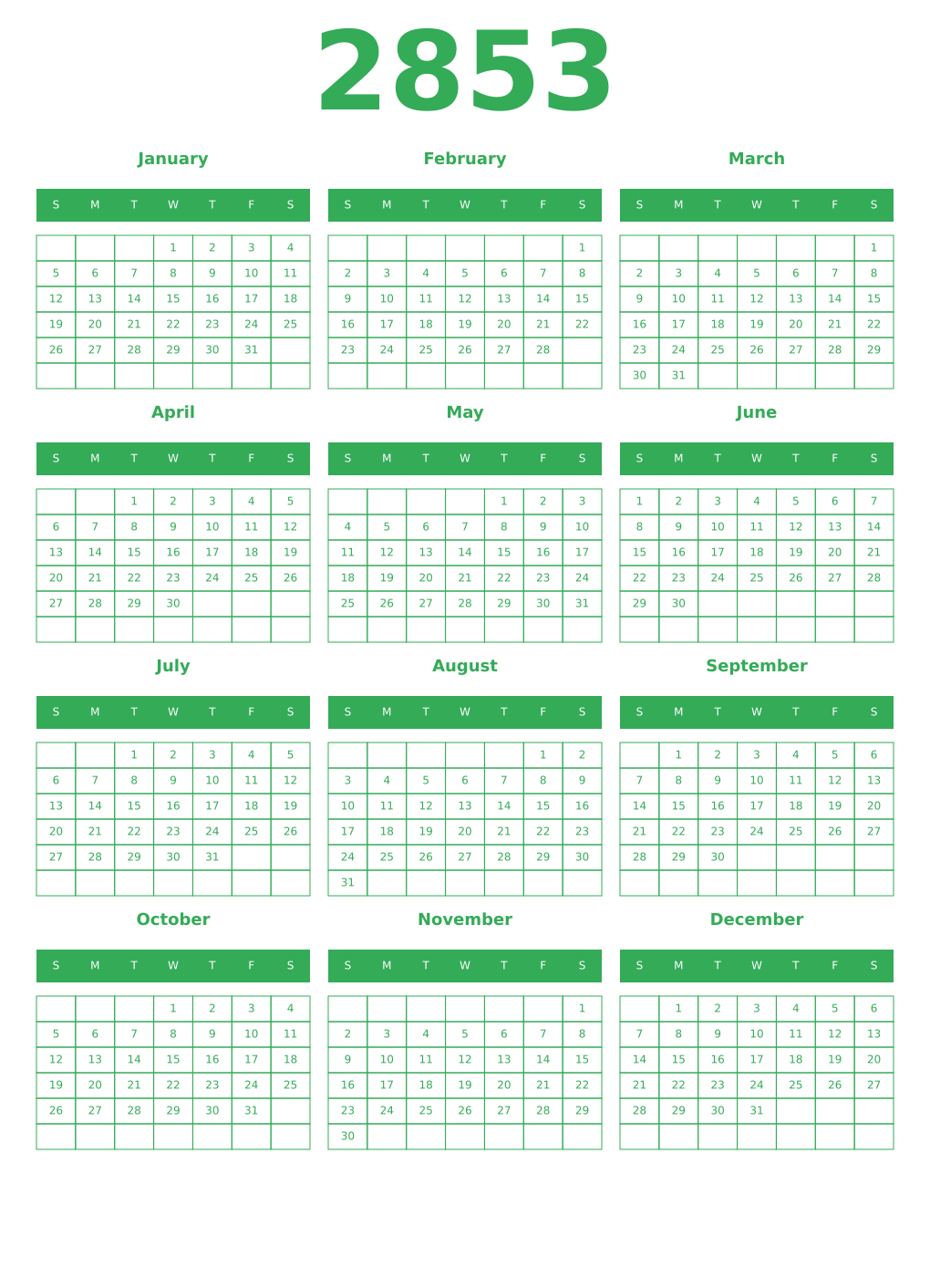 Printable 2853 Year Calendars green