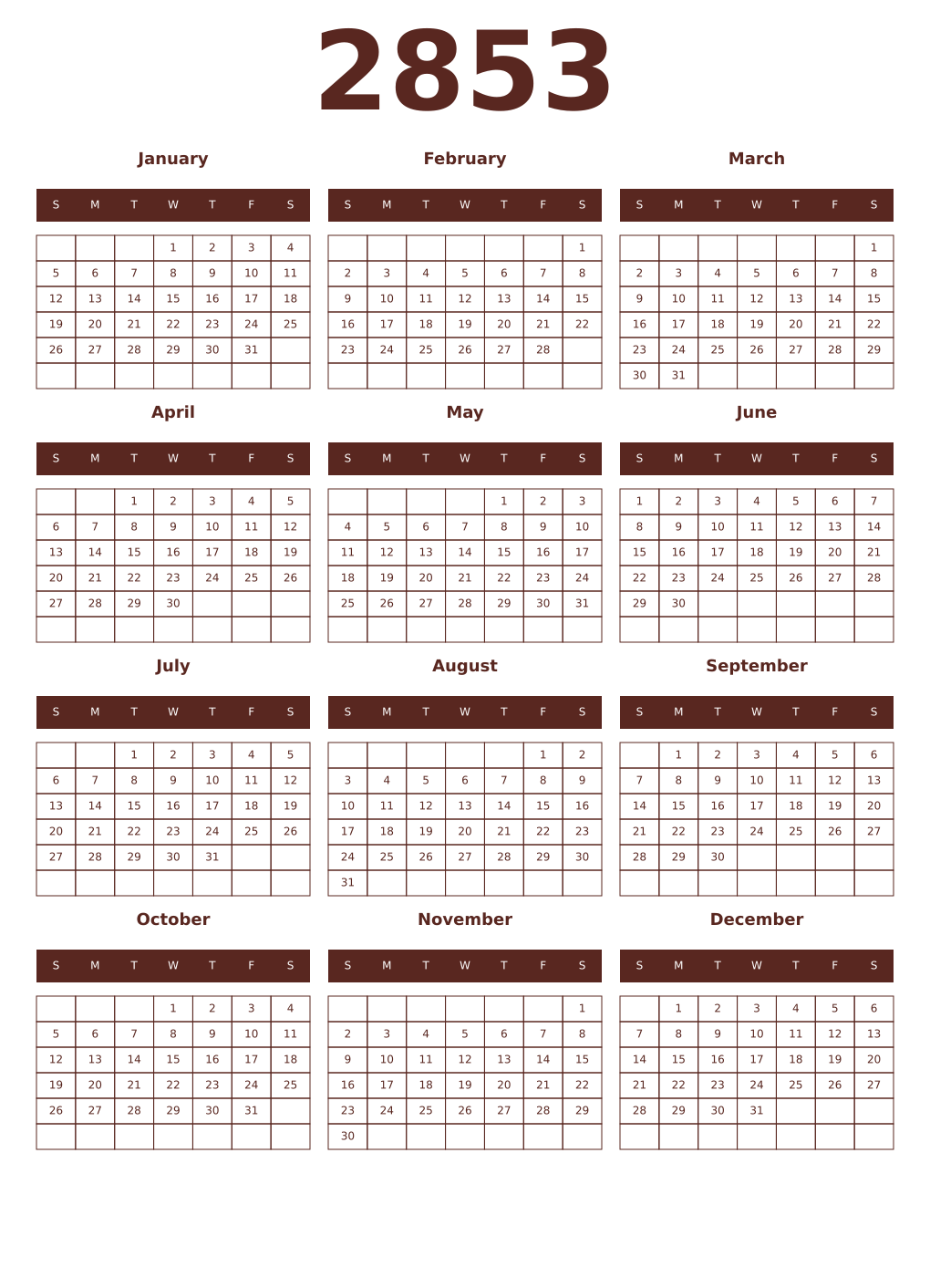 Printable 2853 Year Calendars mortuum