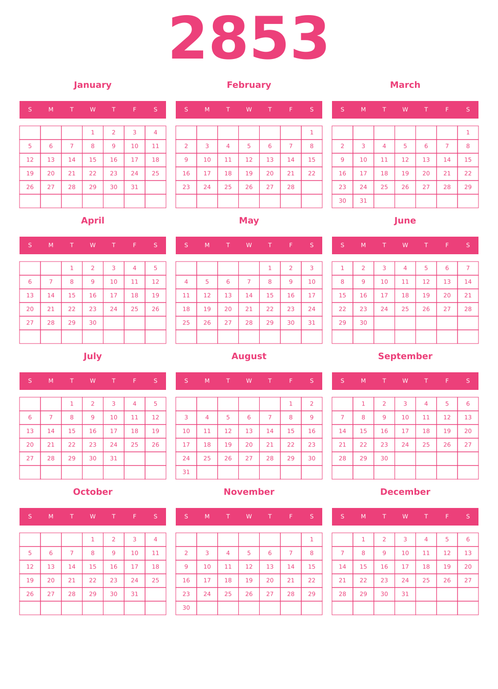 Printable 2853 Year Calendars pink