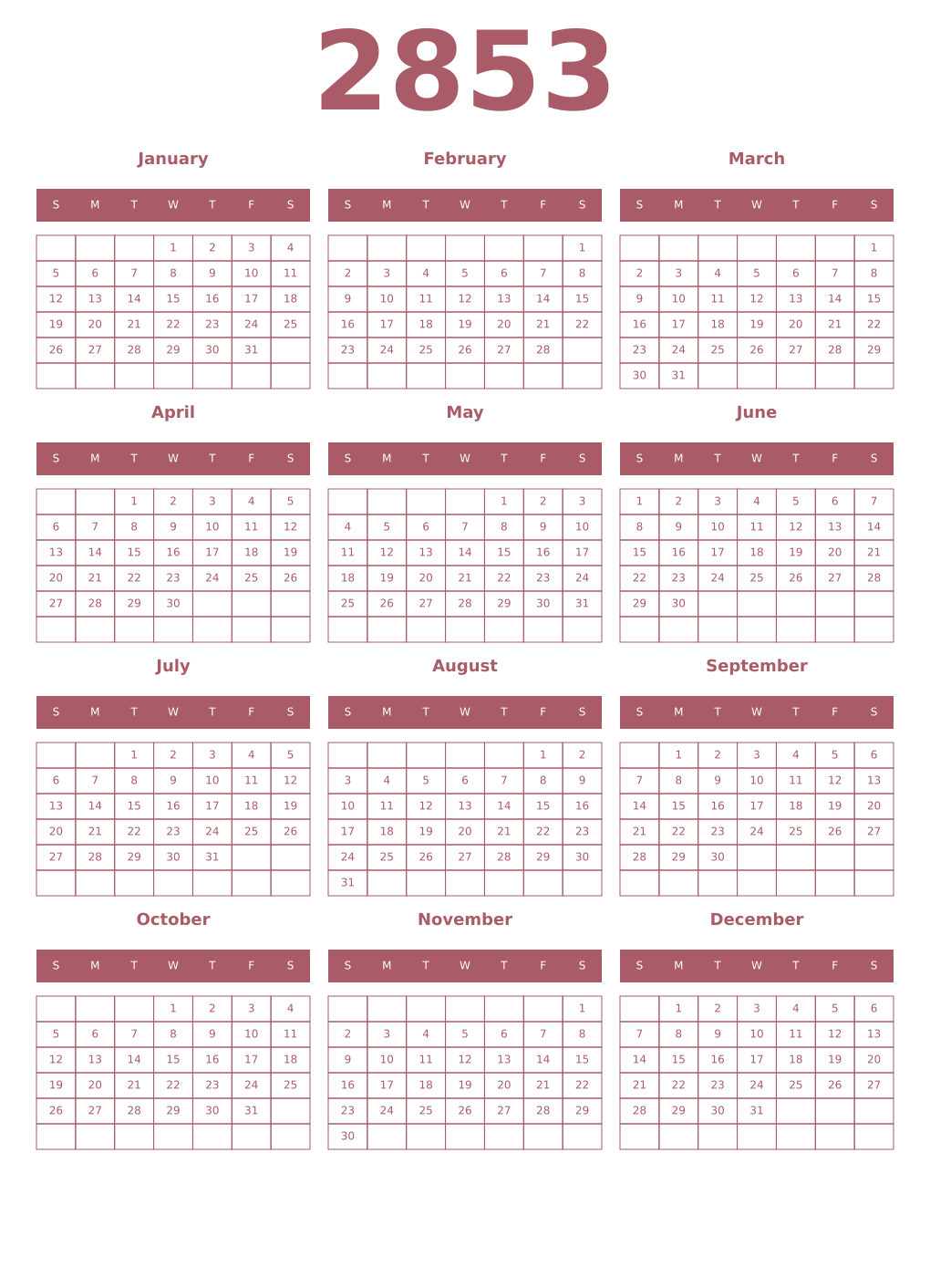 Printable 2853 Year Calendars puce