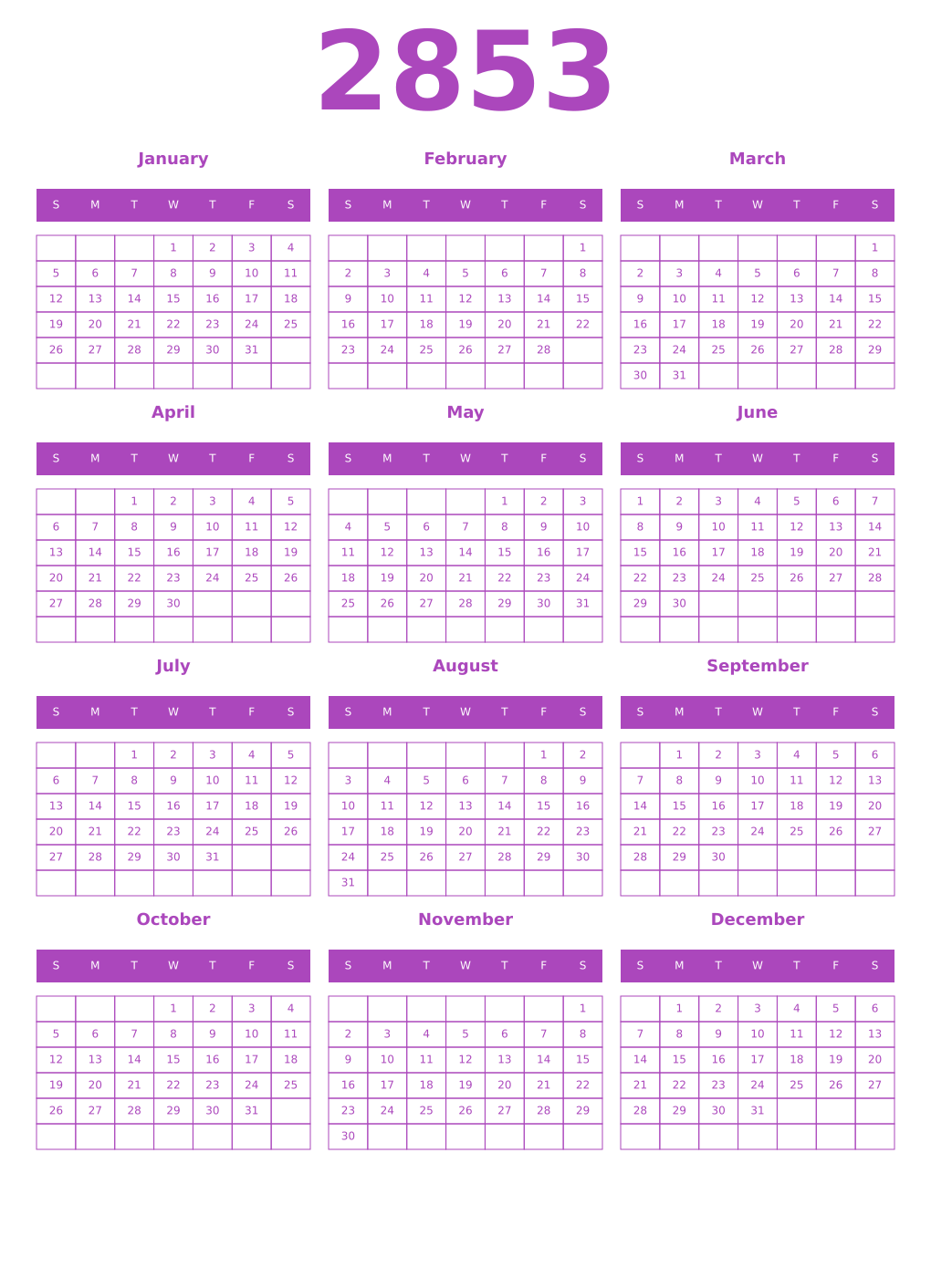 Printable 2853 Year Calendars purple
