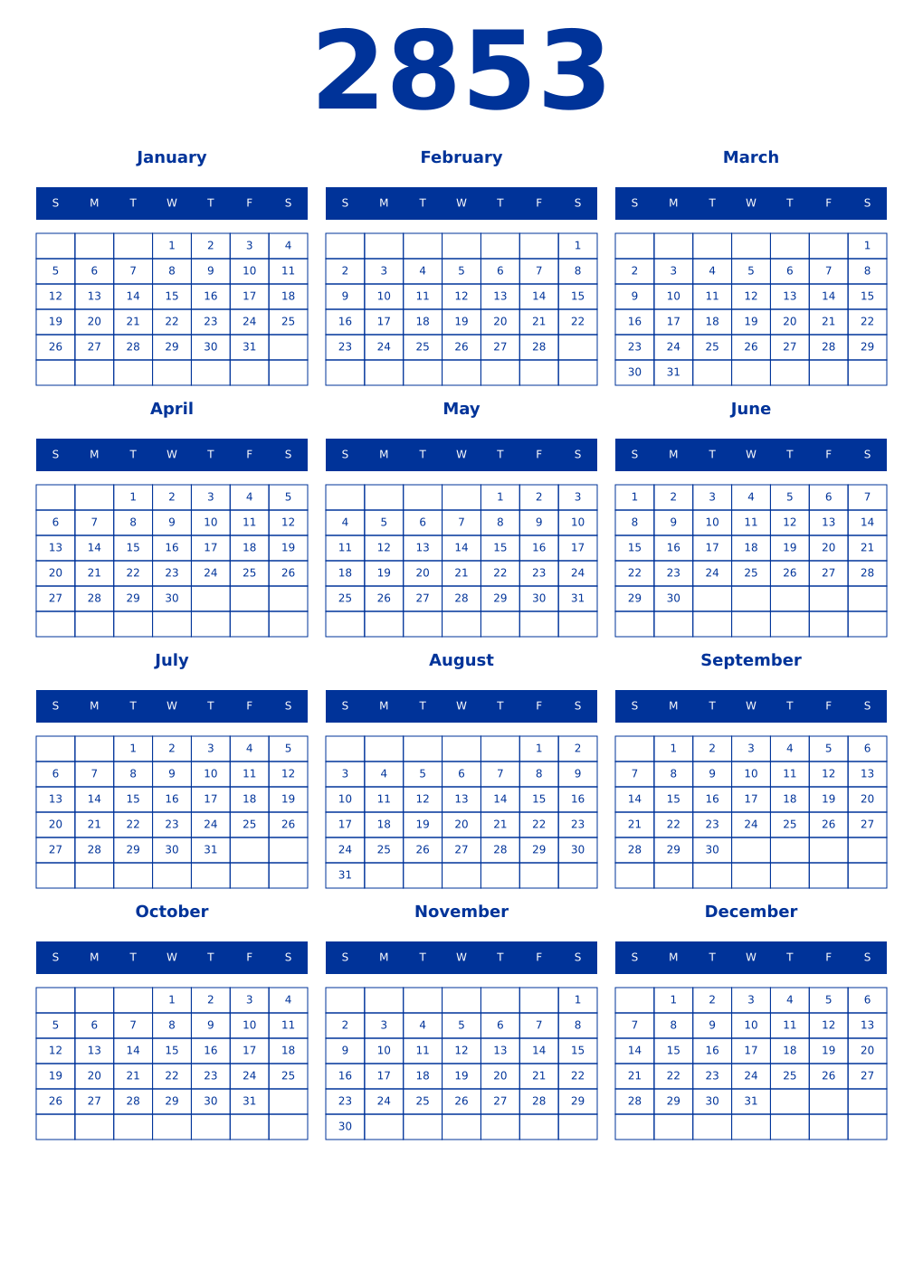 Printable 2853 Year Calendars smalt