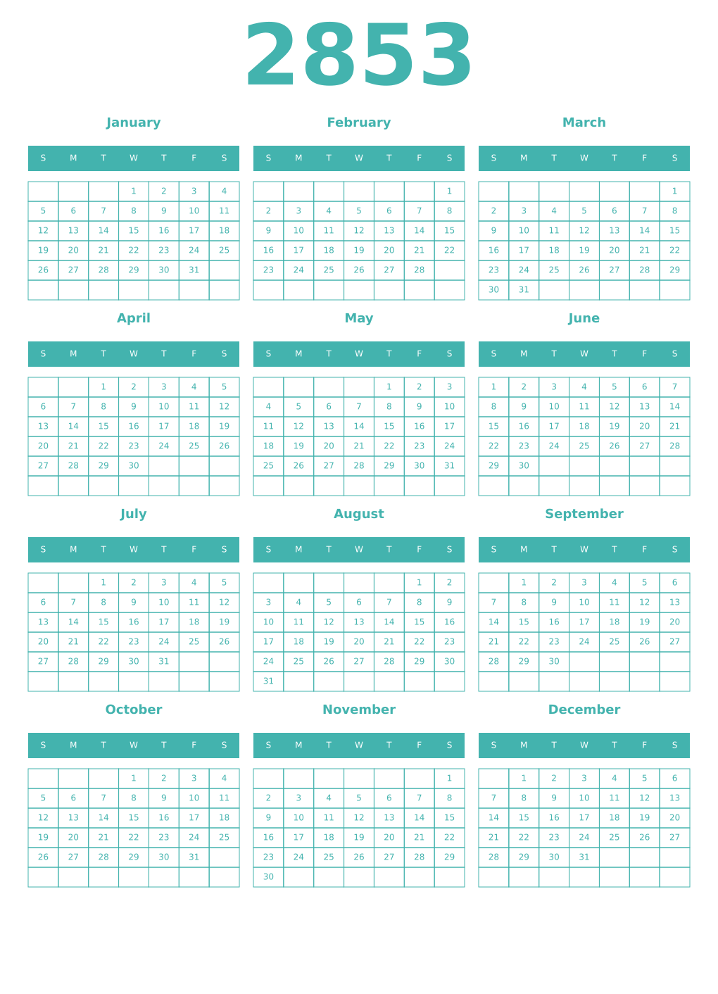 Printable 2853 Year Calendars verdigris