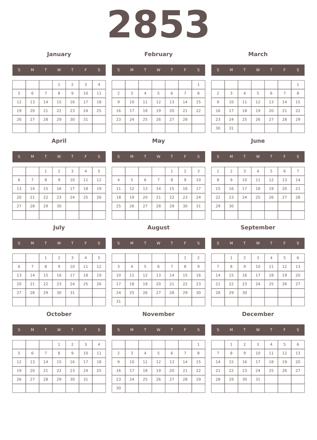 Printable 2853 Year Calendars wenge