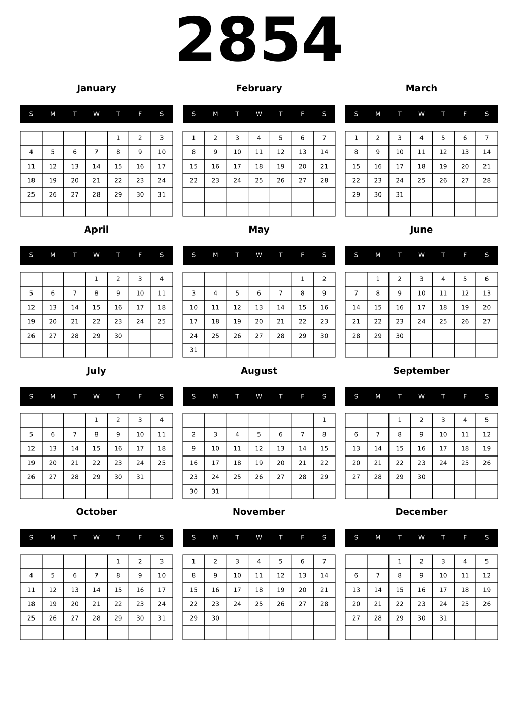 Printable 2854 Year Calendars black